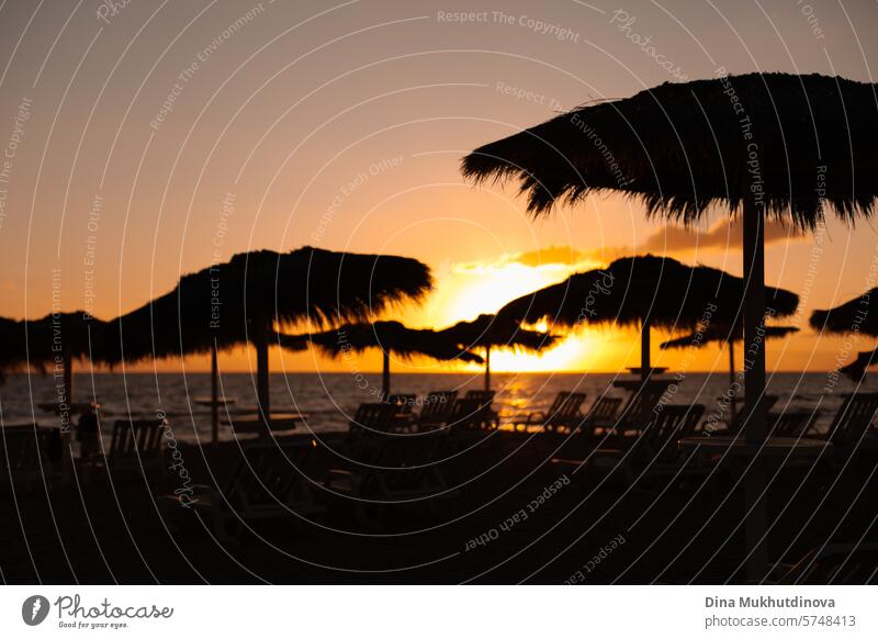 sunset on the beach with silhouettes of jute umbrellas and sun loungers. Travel and vacation, relax. sunrise landscape travel relaxing nature water sea summer
