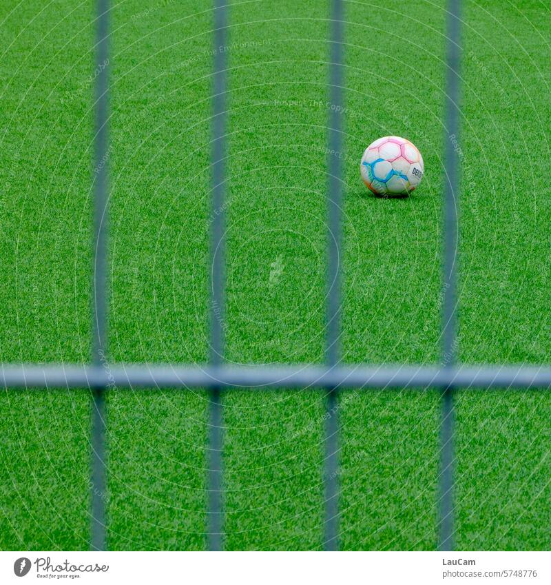 Soccer behind bars Foot ball Lawn Grating Round Sharp-edged Ball sports Football pitch Sporting grounds Playing field Sports Grass surface Sporting Complex