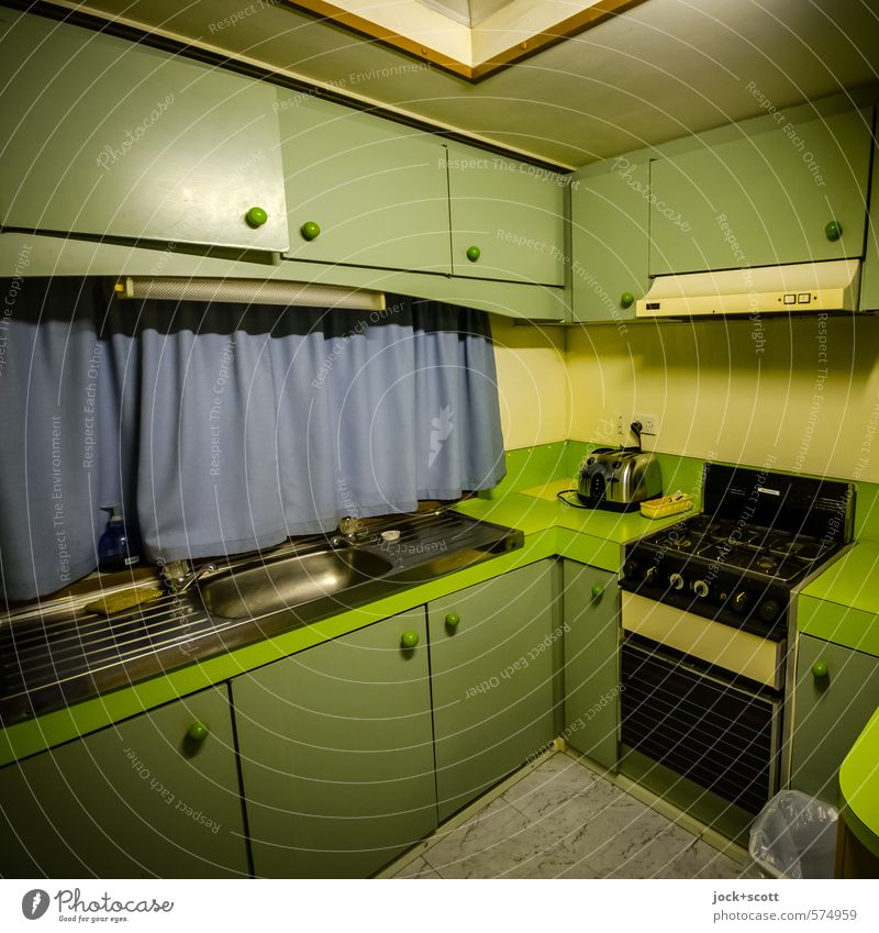 Love`s Kitchen Trailer Caravan Australia Stove & Oven Kitchen sink Drape Toaster Cupboard Fume cupboard Trash container Original Retro Green Orderliness Clean