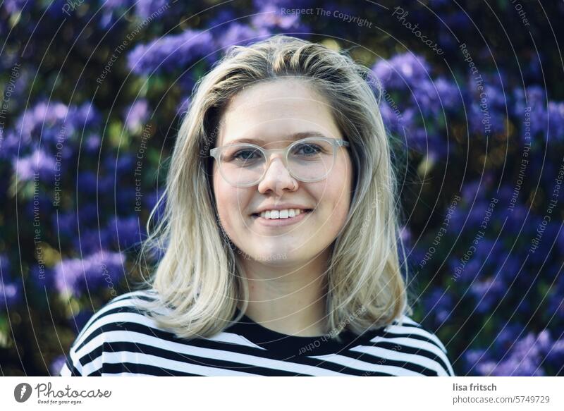 SPRING - FLOWERS - YOUNG WOMAN Spring Flower Nature Blossom purple Garden naturally Nose ring Eyeglasses Blonde Short-haired Smiling Young woman youthful