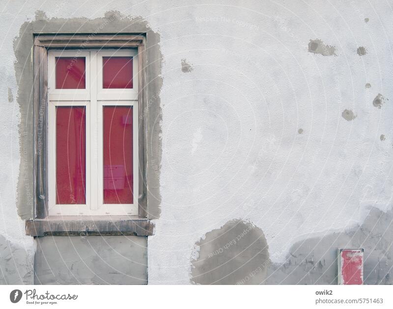 red-light district house wall Concrete Gray Window Red Drape Copy Space stains Unplastered Facade Building Old Town Architecture Deserted Gloomy