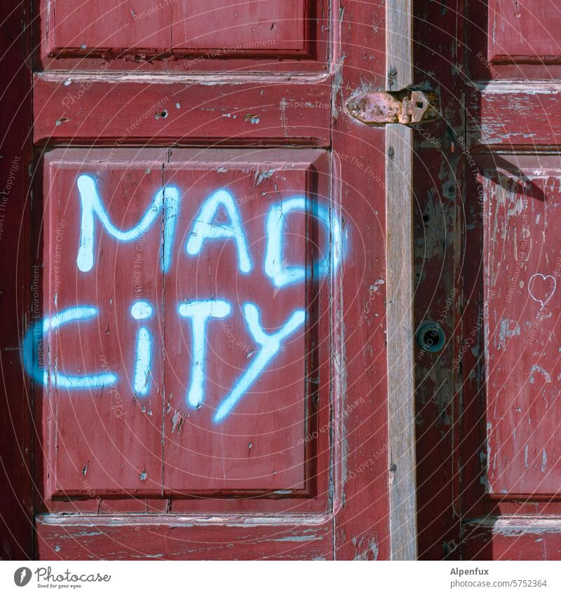 Mad City Crazy city Art Graffiti Street art Youth culture Subculture Creativity Daub Characters Trashy Town Sign Word Letters (alphabet) Facade door Text