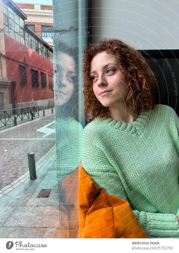 Contemplative young redhead woman by the window contemplative reflection thoughtful curly hair gazing glass deep urban scenery building green sweater