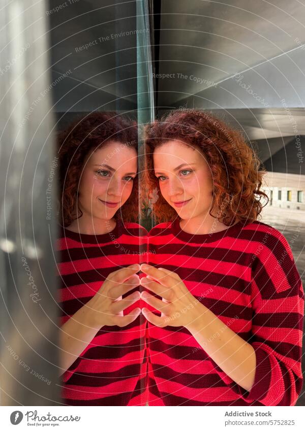 Reflective illusion with a redhead woman in a striped sweater reflection symmetry black mirror symmetrical portrait fashion casual style individual creative