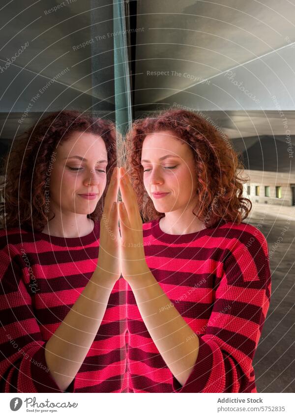 Reflective symmetry of redhead woman in red striped shirt reflection mirror engaging symmetrical image mirrored surface vertical person female individual