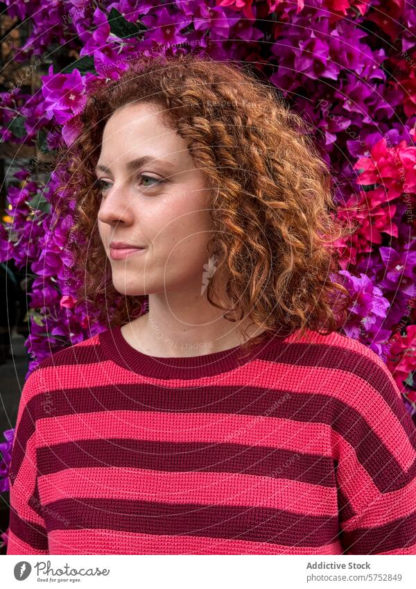 Curly-haired redhead woman against a backdrop of bougainvillea curly hair portrait vibrant flora outdoors nature beauty red stripes sweater casual looking away