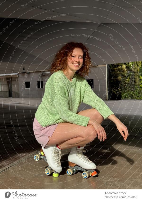 Smiling young redhead woman enjoying time on roller skates smiling curly hair red hair sunlight concrete squatting leisure recreation outdoor happy youth female
