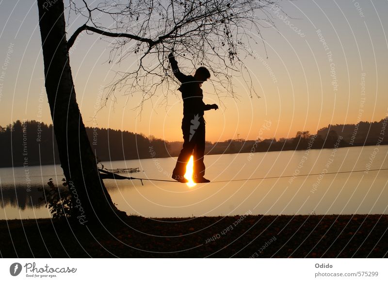 Slacklining at the lake Human being Feminine Woman Adults 1 Nature Landscape Water Sky Sunrise Sunset Autumn Tree Lakeside To hold on Sports Hip & trendy