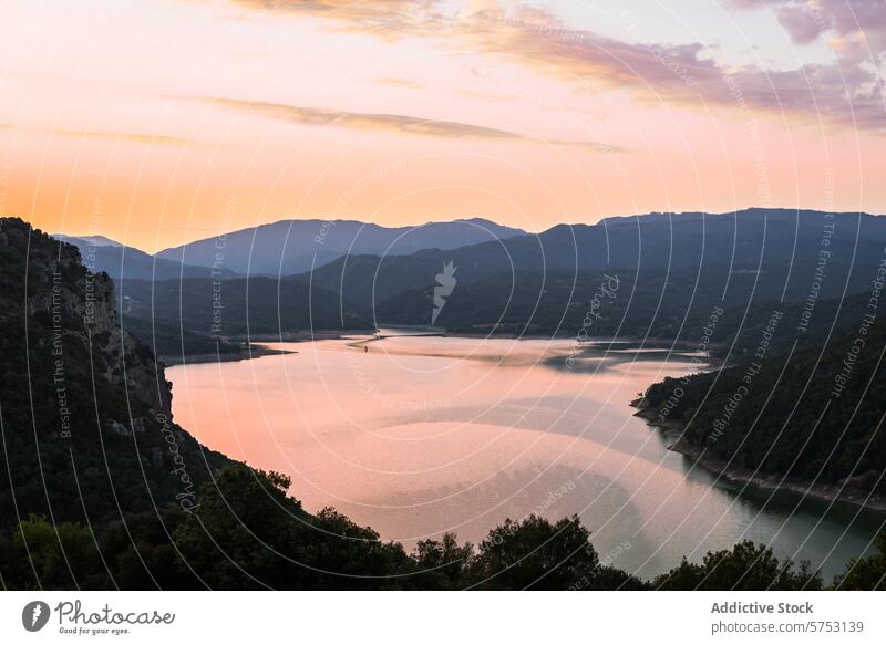 A serene twilight scene, where the setting sun casts a rosy hue over a tranquil lake nestled within the embracing Spanish mountains sunset Spain embrace sky