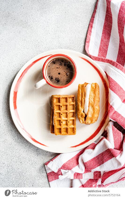 Delicious waffles with marshmallow and coffee on a plate homemade cup hot drink vanilla filling top view golden rustic towel striped breakfast dessert snack