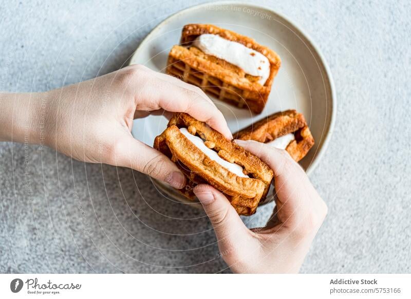 Waffles with vanilla marshmallow being held in hands waffle homemade hold food dessert snack confectionery sweet creamy layer plate breakfast treat texture