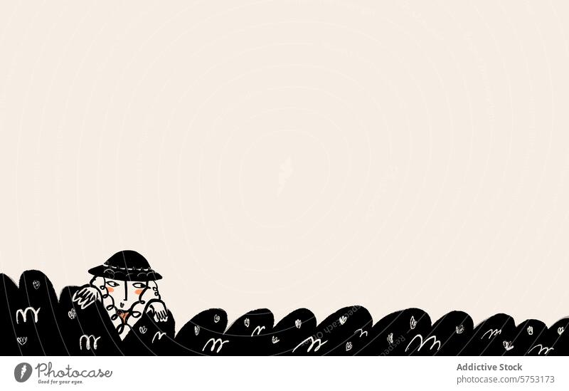 Minimalist person peeking from abstract shapes minimalist illustration hat neutral background art design simple monochrome sketch drawing doodle white black
