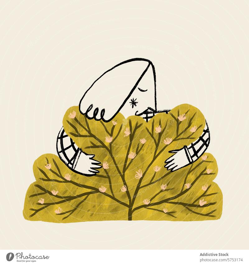 Girl embracing large bush in minimalist style illustration girl embrace bloom flower artistic warm hug nature drawing simple cartoon character love environment