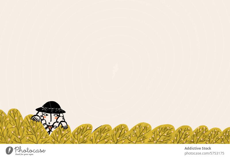 Woman hiding behind whimsical doodle bushes illustration character quirky peeking beige background design graphic art drawing cartoon cute spy playful creative