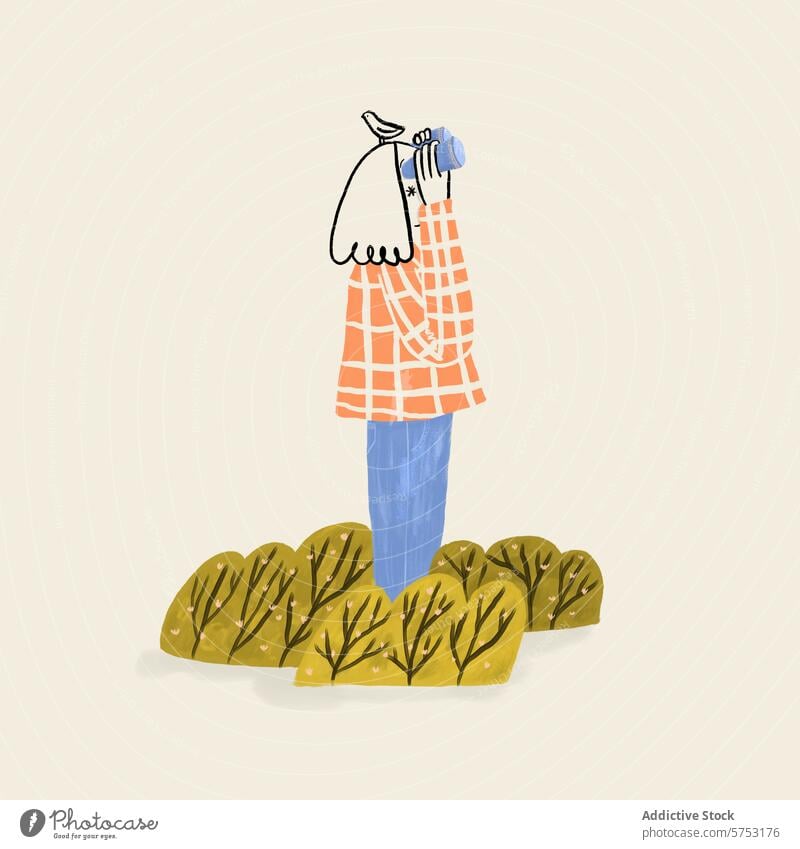Whimsical illustration of person with bird on hand whimsical drawing stylized bushes nature playful art artwork design creative simplicity minimalism texture