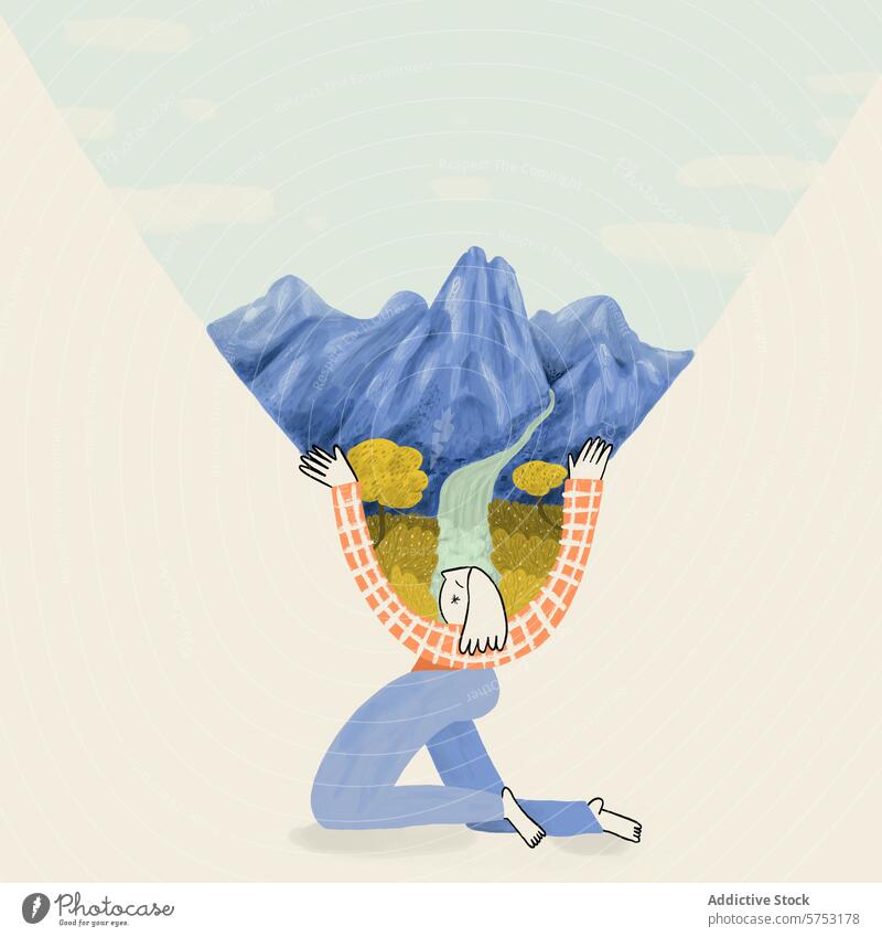 Surreal illustration of person holding a mountain landscape surreal art character strength imagination surrealism burden whimsical creative colorful abstract