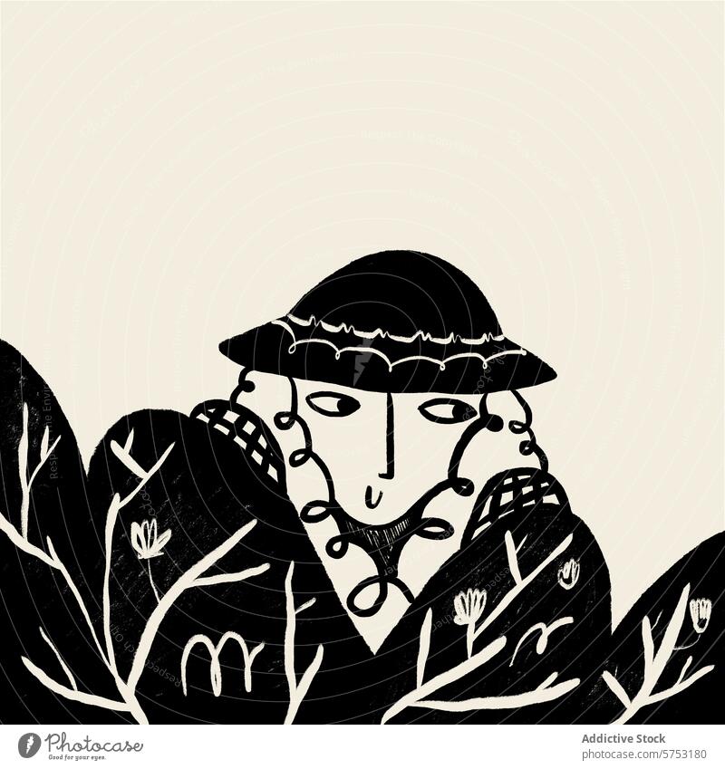 Mysterious character in black and white illustration mysterious figure artistic foliage hat abstract design quirky drawing graphic monochrome nature leaves