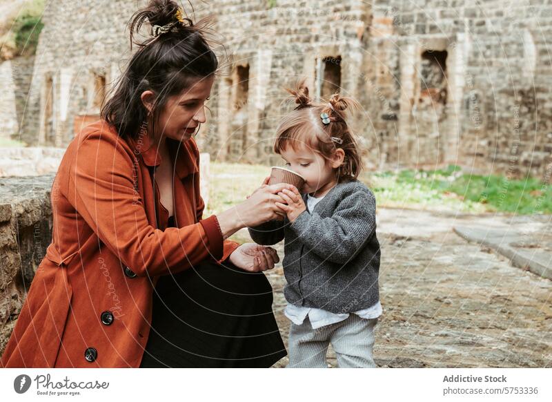 Mother sharing a drink with her child outdoors mother care daughter family bonding love woman girl historical ruins day brick wall coat cardigan autumn