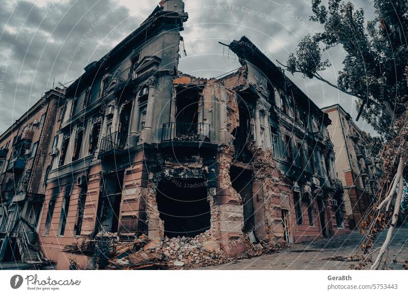 destroyed and burned houses in the city during the war in Ukraine Donetsk Kherson Lugansk Mariupol Russia abandon abandoned attack blown up bombardment broken