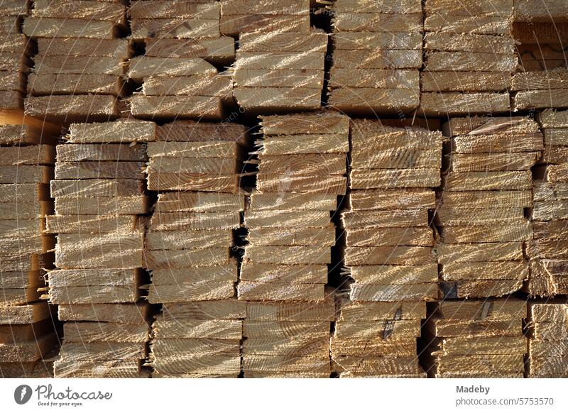 Stacked squared timber in the warehouse of a carpentry and joinery workshop for construction and handicrafts in Adapazari in the province of Sakarya in Turkey