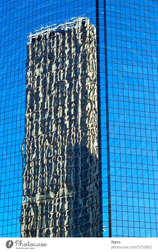 the reflex of the skyscraper in the window palace blue glass abstract office light cloud terrace steel iron cross distortion black metal wave shadow grey curved