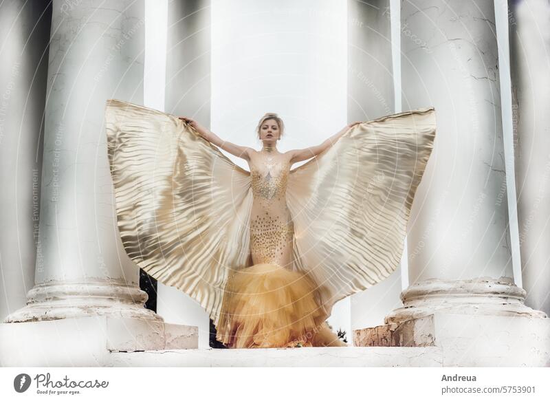Model girl in gold angel dress Breasts golden Naked forsake sb./sth. Angel Architecture Broken Column fissures Costume Dress Emotions Fashion Forest Freedom