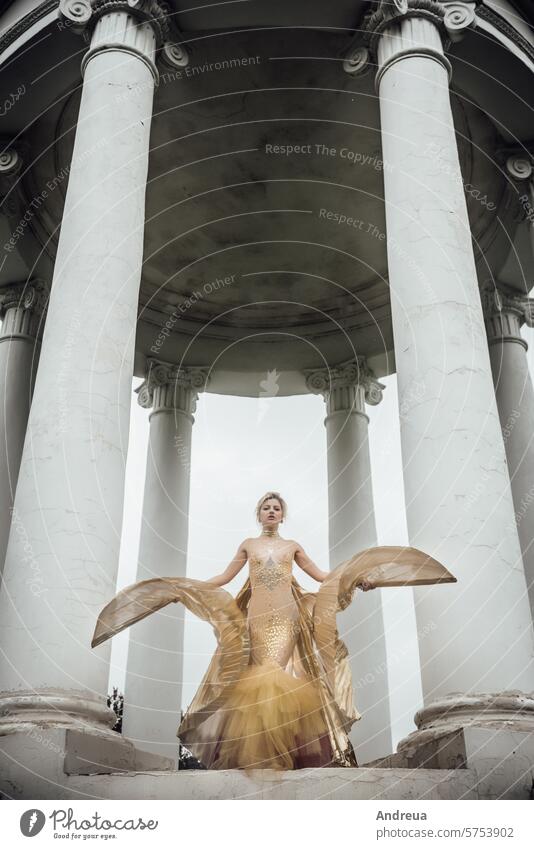 model girl in dress gold angel Breasts Golden Nude abandoned architecture broken column columns costume emotions fashion forest freedom hair makeup nature