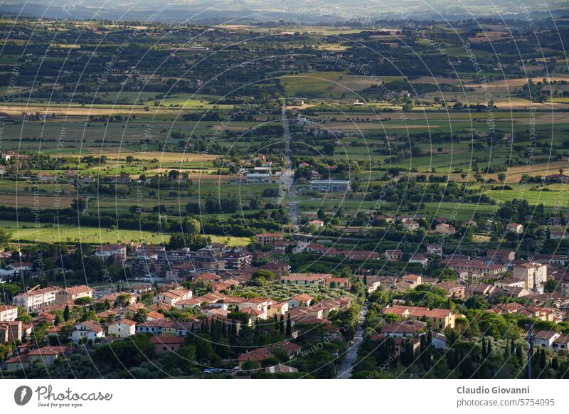 Panoramic view from Cortona, Italy, at summer Arezzo Europe July Trasimeno Tuscany color country day green hill lake landscape nature photography rural travel