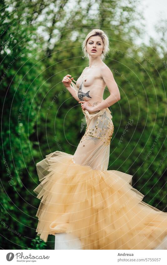 model girl in dress gold angel Breasts Golden Nude abandoned architecture broken column columns costume emotions fashion forest freedom hair makeup nature