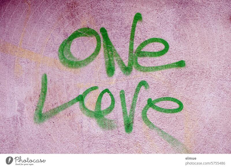 Graffiti - green writing ONE LOVE on purple house wall one love one planet variety Tolerant true love open-mindedness Emotions Declaration of love