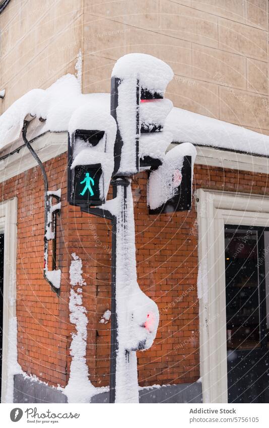 Snow-covered traffic signal in Madrid city snow madrid pedestrian winter street snowfall urban cold weather climate white traffic light walk sign safety