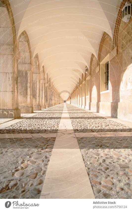 A perspective view of the sunlit arches of the Royal Palace of Aranjuez, showcasing symmetry and the beauty of Spanish architecture palace arcade historical