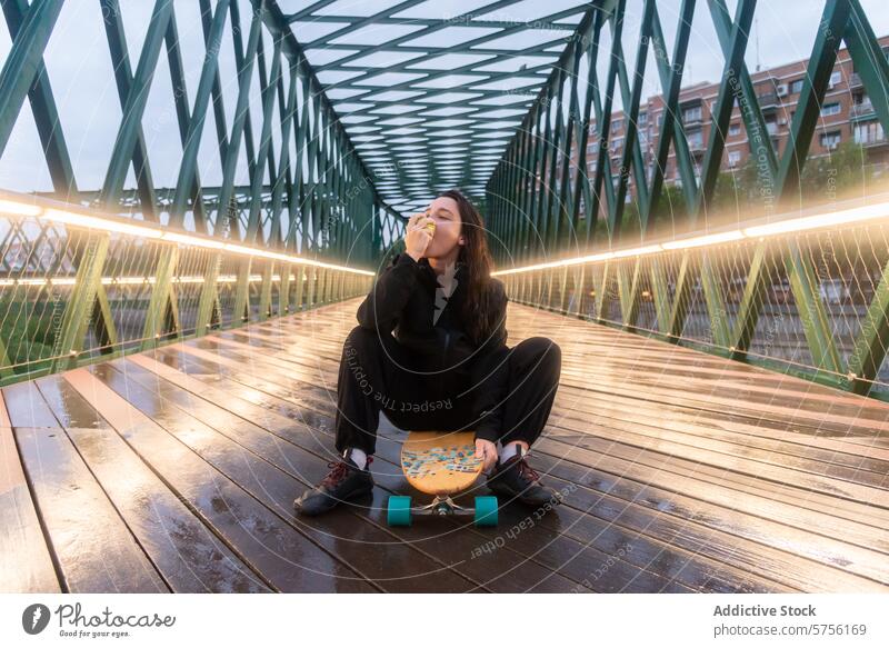 A young skateboarder takes a moment to enjoy a fresh apple while seated on her longboard, on an architecturally striking bridge at dusk urban break woman