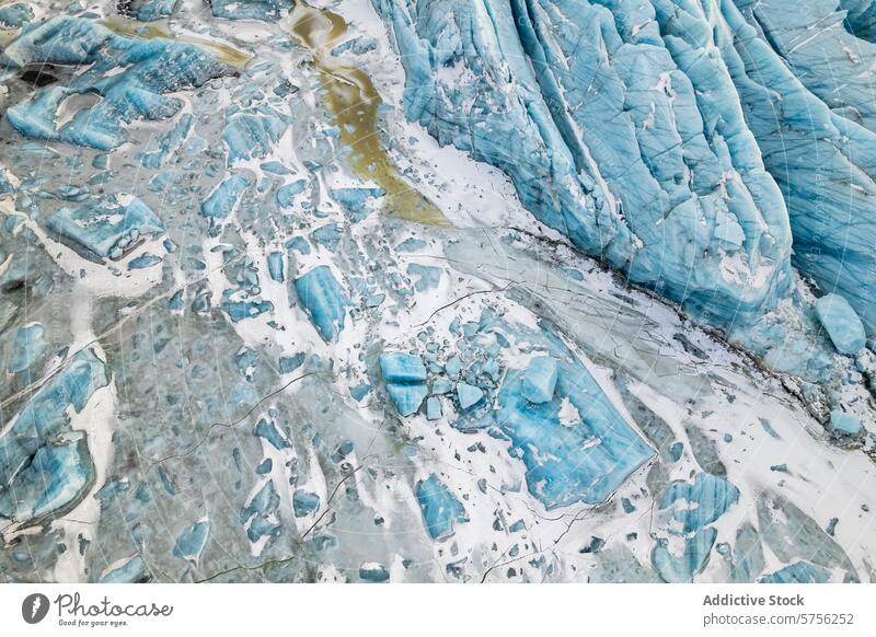 Aerial view of a glacier and ice fragments in Iceland iceland high angle from above aerial view snow landscape texture crevasse blue white cold nature outdoor