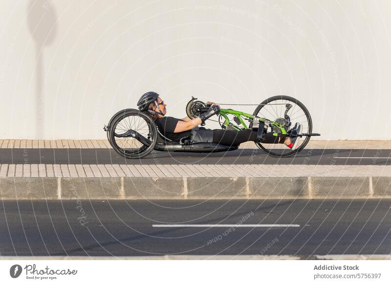 Determined Female Athlete Competes in Handbike Race athlete handbike competition recumbent bike woman race adaptive sport disabled determination paved path
