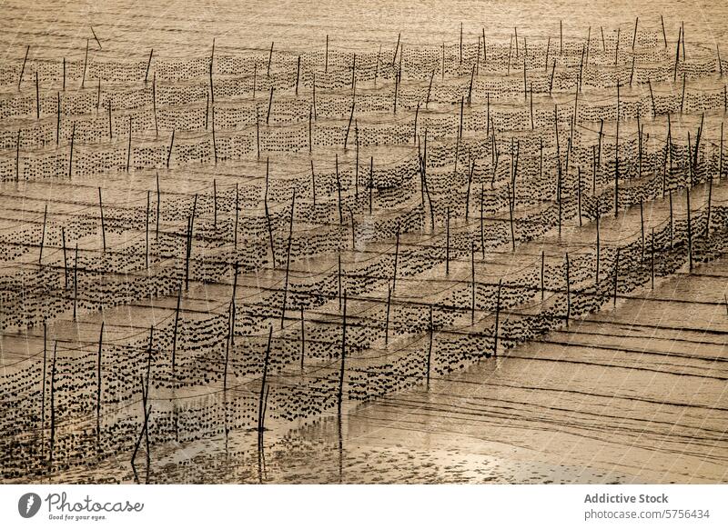 Traditional shrimp farming in Vietnam at sunset vietnam wooden pole net shadow light traditional aquaculture serene view intricate texture pattern fishing rural