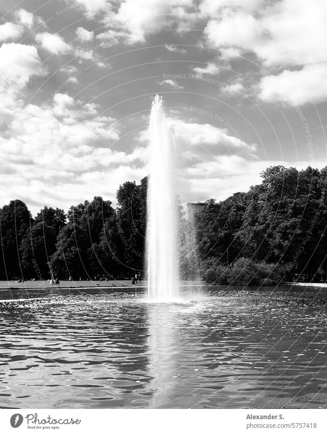 Fountain in the Eckensee in Stuttgart Lake fountain Corner lake Water Sky Clouds Park Water fountain Fresh Wet Inject