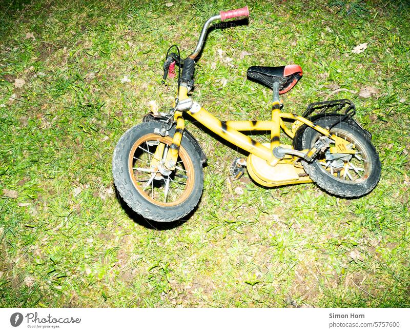 Child's bicycle lying on a lawn Infancy lie around Bicycle free time Toys Meadow Lawn Kiddy bike locomotion Freedom Movement urge to move Leisure and hobbies
