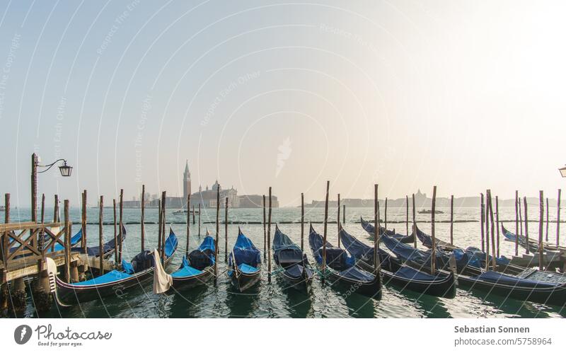 Blue gondolas on a pier at San Marco square on a sunny winter day, Venice, Veneto, Italy venice boat travel canal water italy romantic famous architecture