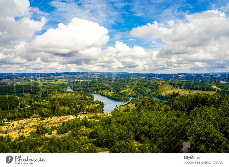 View of the Genkeltalsperre dam and the surrounding nature. Genkel dam River dam Lake Landscape Nature panorama Forest Reservoir Clouds Sky Panorama (View)