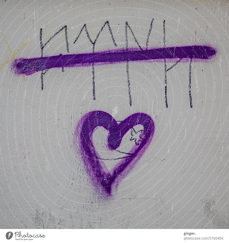 What is this? I don't know. - Graffiti with a heart Gray Heart purple Violet dash Sign crossed out cryptic characters cryptically Colour photo Exterior shot