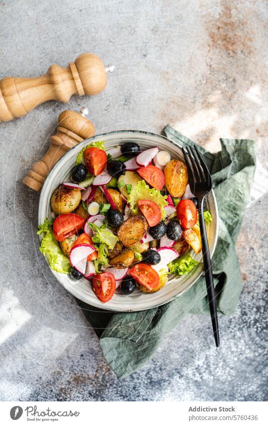Top view of a rustic Mediterranean potato salad with spring potatoes, black olives, cherry tomatoes, spring onions, crisp lettuce, and radishes, served with a touch of elegance