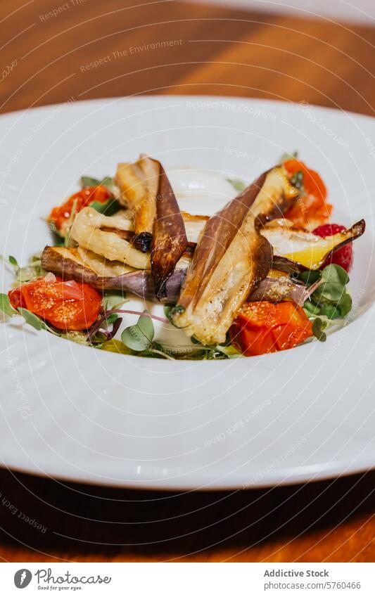 Roasted eggplant and cherry tomatoes artfully arranged on a bed of greens, creating a visually appealing gourmet salad roasted plate culinary dining elegant