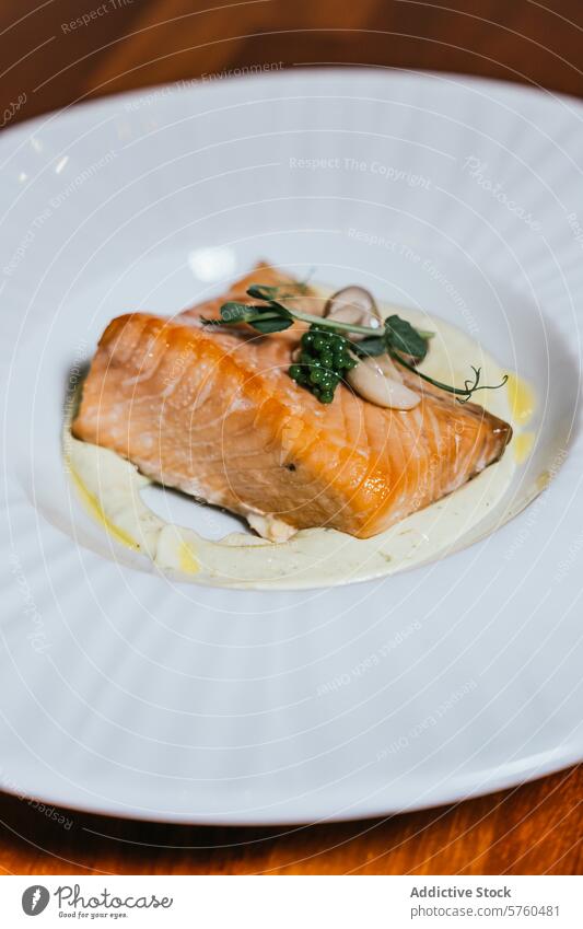 A beautifully poached salmon fillet rests on a creamy base, elegantly topped with caviar and fresh herbs on a white plate garnish seafood cuisine fine dining
