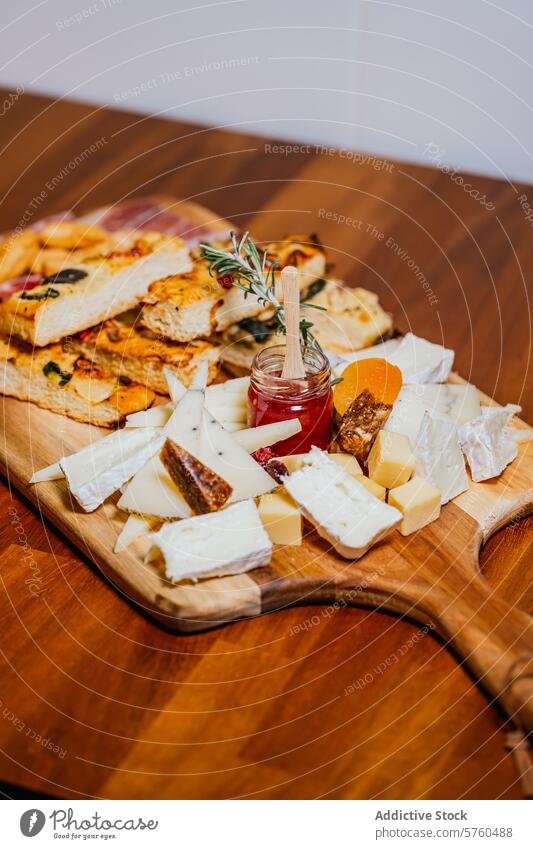 An inviting cheese board laden with an assortment of cheeses, crackers, and a jar of red jam, ready for a gourmet tasting delicacy food culinary snack appetizer