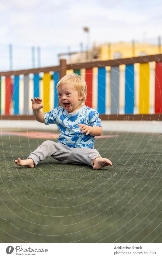 Joyful baby with Down syndrome playing on playground down syndrome joy laughing sitting colorful fence playtime child toddler happiness outdoor activity alone