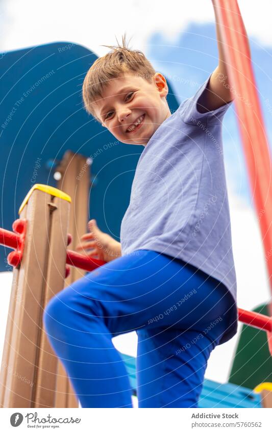 Joyful boy playing on a playground joyful climbing equipment colorful smile happiness outdoors activity child young cheerful recreation leisure fun playtime kid