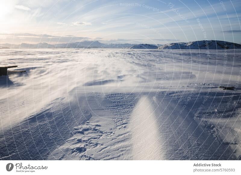 The Icelandic tundra is a spectacle of drifting snow, with patterns etched by the wind and mountains on the horizon under a bright sky winter cold landscape