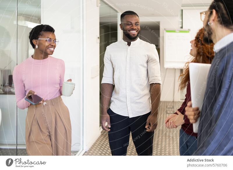 Diverse team of professionals in a casual office environment corporate attire woman group diverse smiling engaging african american black colleague business