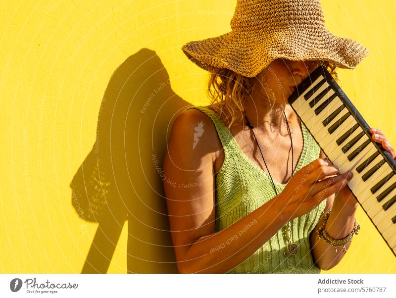 Street Musician Playing Keyboard Against Yellow Wall street musician performance yellow wall shadow sunny outdoor straw hat melodica keyboard woman artist town